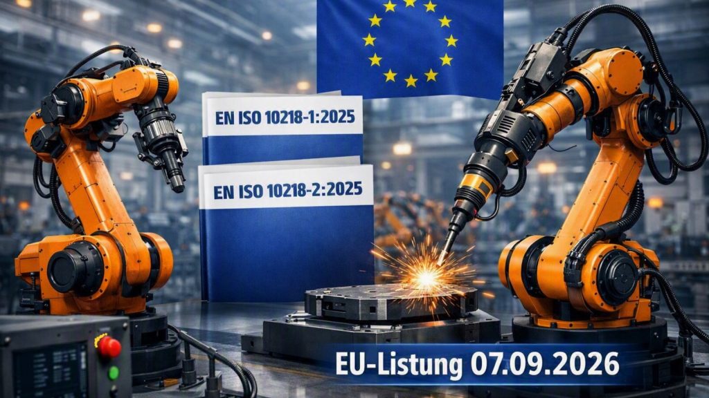 Das Bild zeigt zwei Industrieroboter beim Schweißen. Im Hintergrund die neue Ausgabe von EN ISO 10218-1 und EN ISO 10218-2 angedeutet. Unten ein Schriftzug: EU Listung 07.09.2026